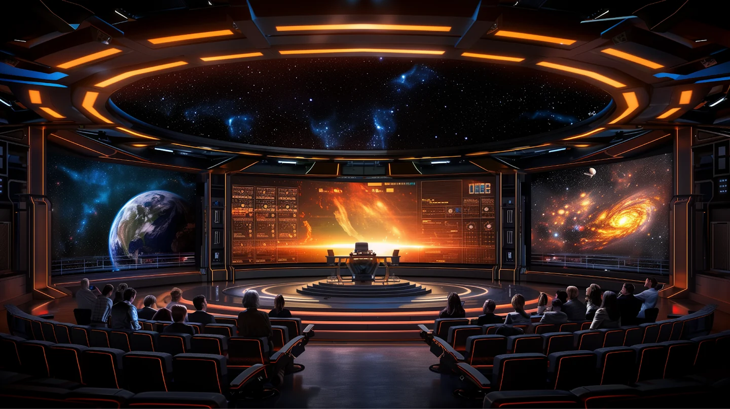 Illustration of a futuristic debating chamber with an audience and immense illuminated displays.