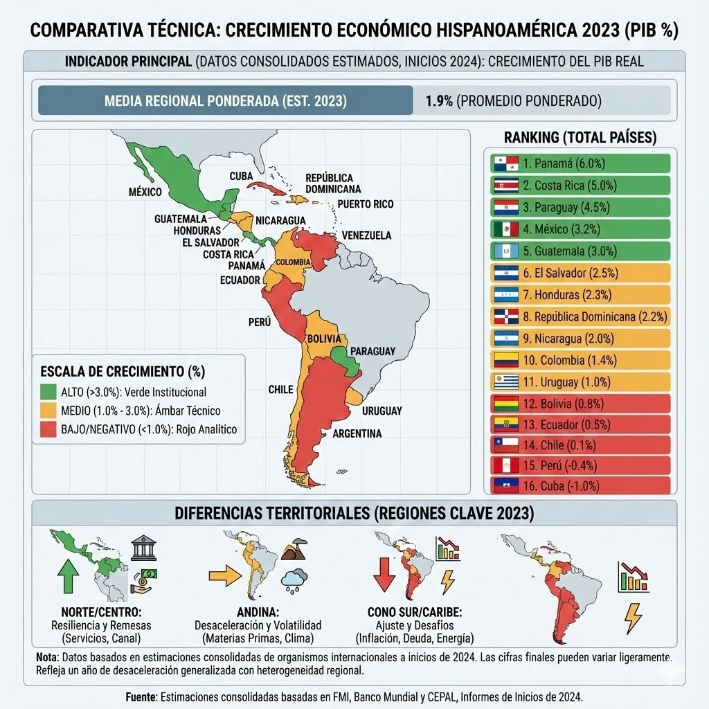 Generated comparison of estimated 2023 GDP growth across Spanish-speaking America, with a map and ranking.