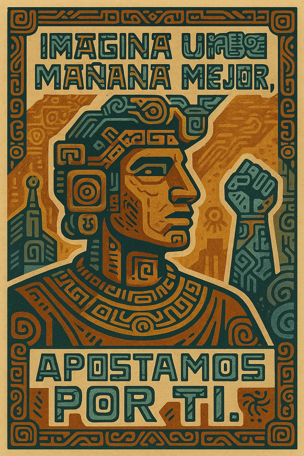 Futuristic pre-Columbian-style campaign poster with some malformed generated lettering, identified in the caption.