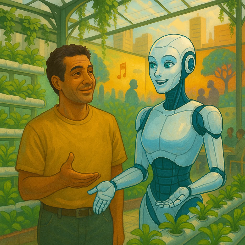 A human and an embodied AI talk in a sunlit hydroponic garden.