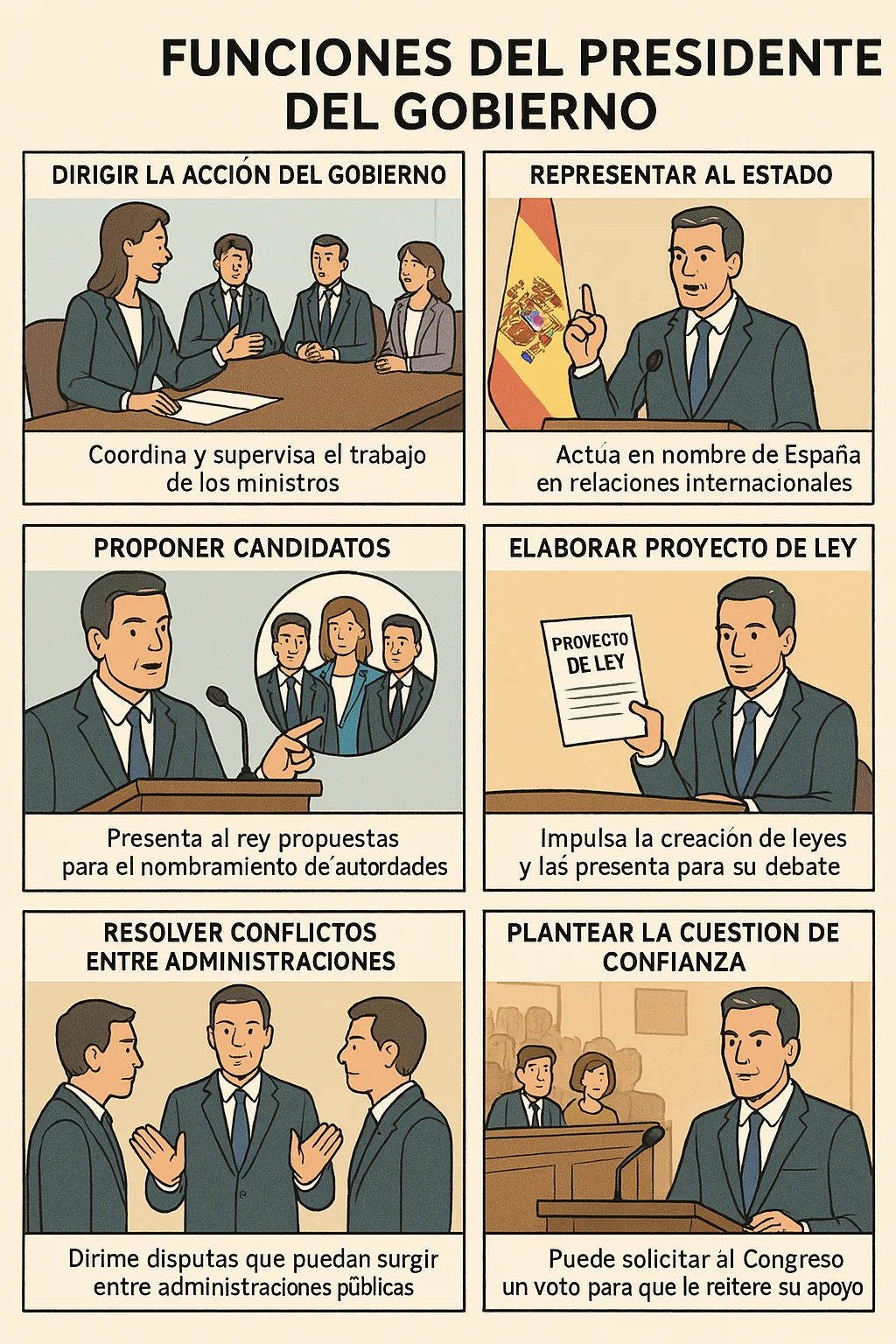 Historical AI-generated six-panel comic describing Spain's prime minister's functions; all claims are translated and identified as unverified generated content.
