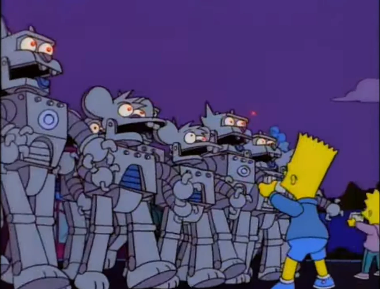 Bart points a camera at the approaching robots.
