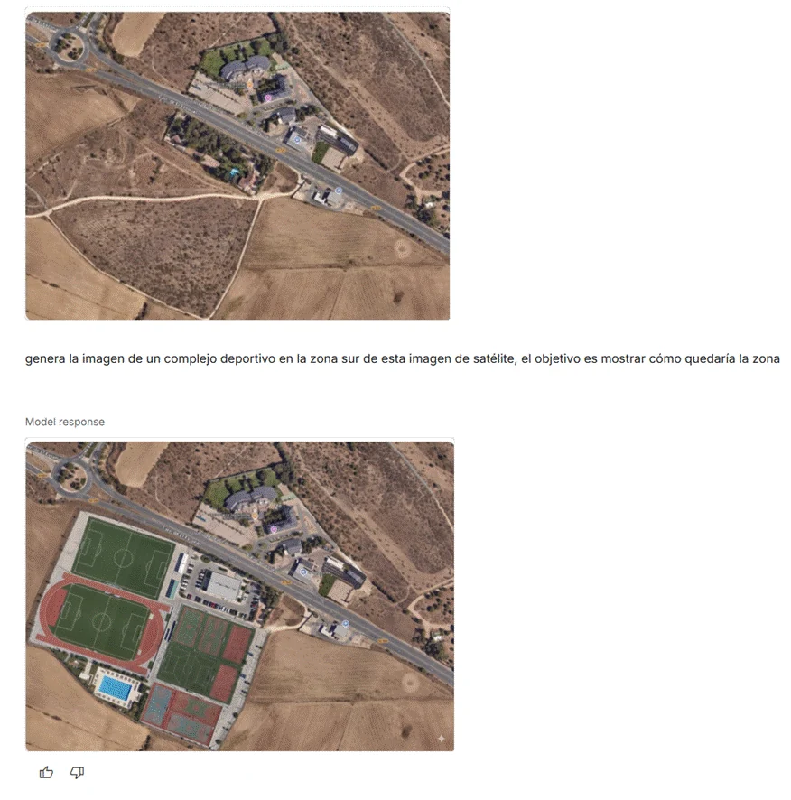 Satellite photograph and generated version adding a sports complex in the southern part of the image.