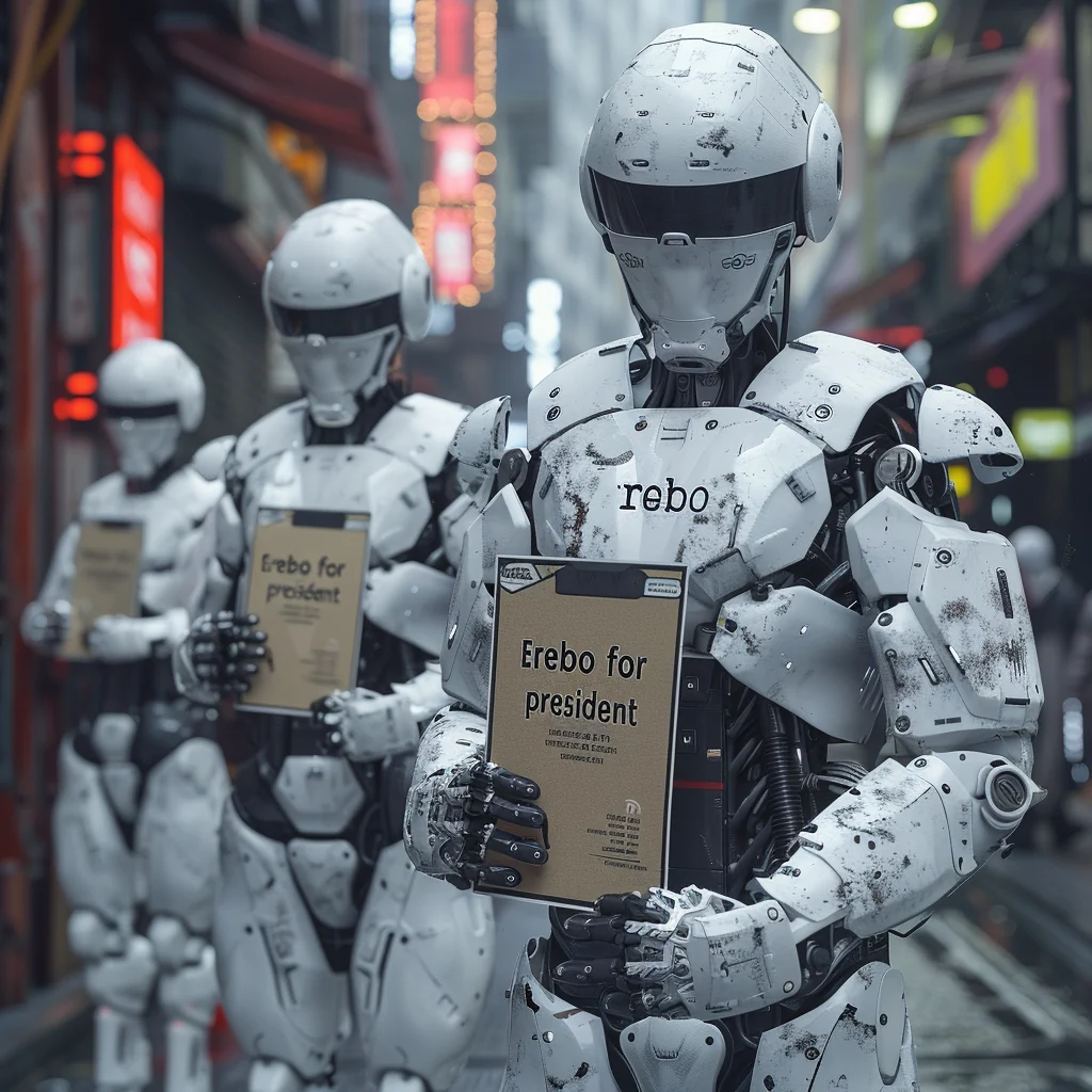 Illustration of robots carrying campaign placards reading Erebo for president.