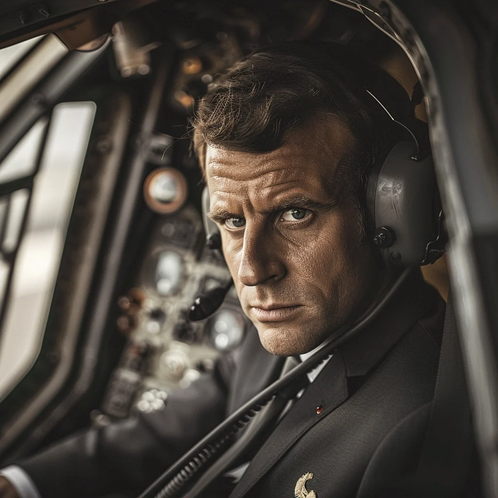 AI-generated fictional image of Emmanuel Macron wearing a headset in an aircraft cockpit.