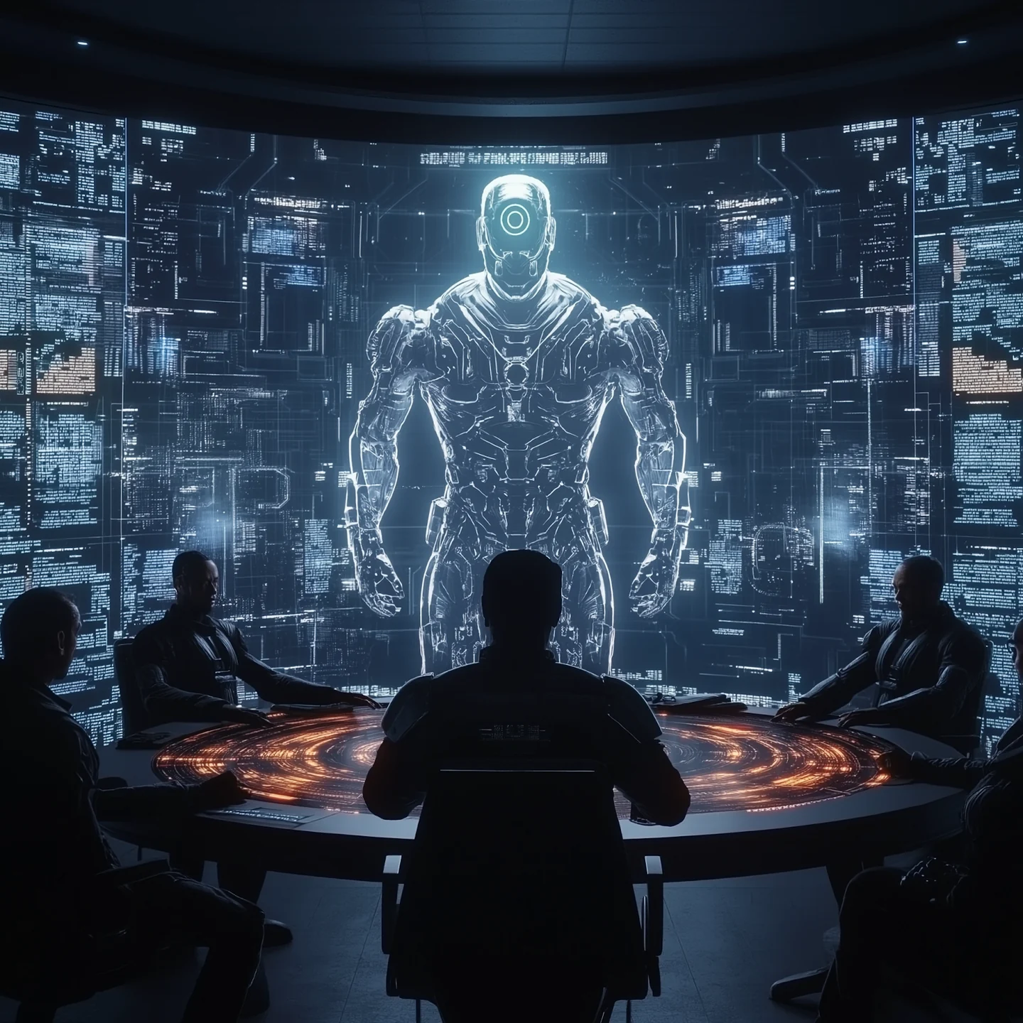 Illustration of a large robotic intelligence appearing before people seated around a conference table.
