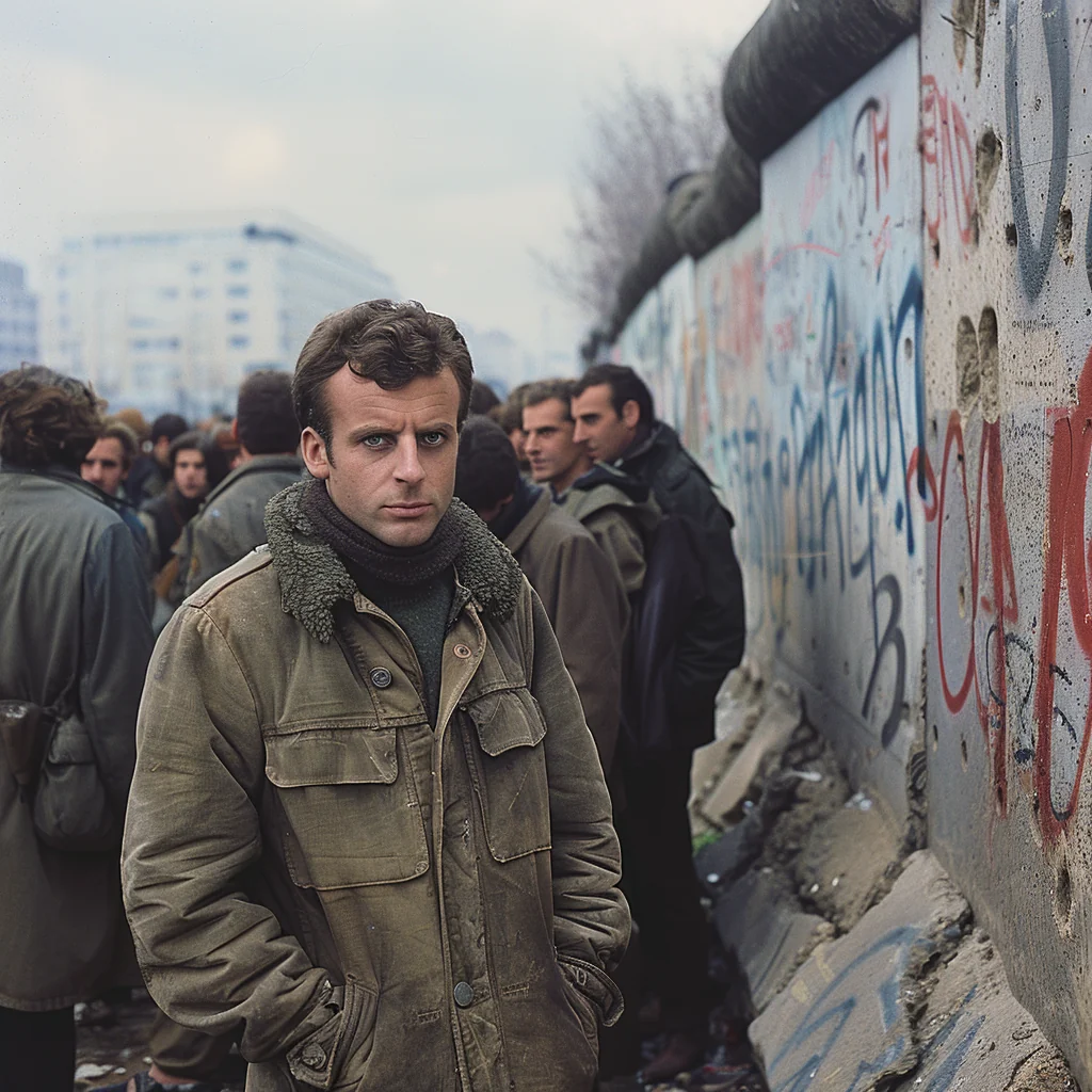 AI-generated fictional scene placing an adult-looking Macron beside the Berlin Wall; an invented historical setting.