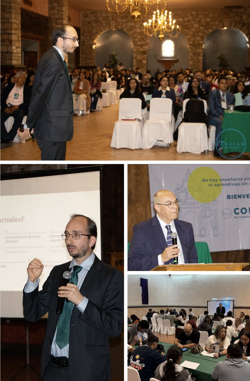 Photographs of speakers, an audience and a workshop at the CONAED education congress in Mexico.