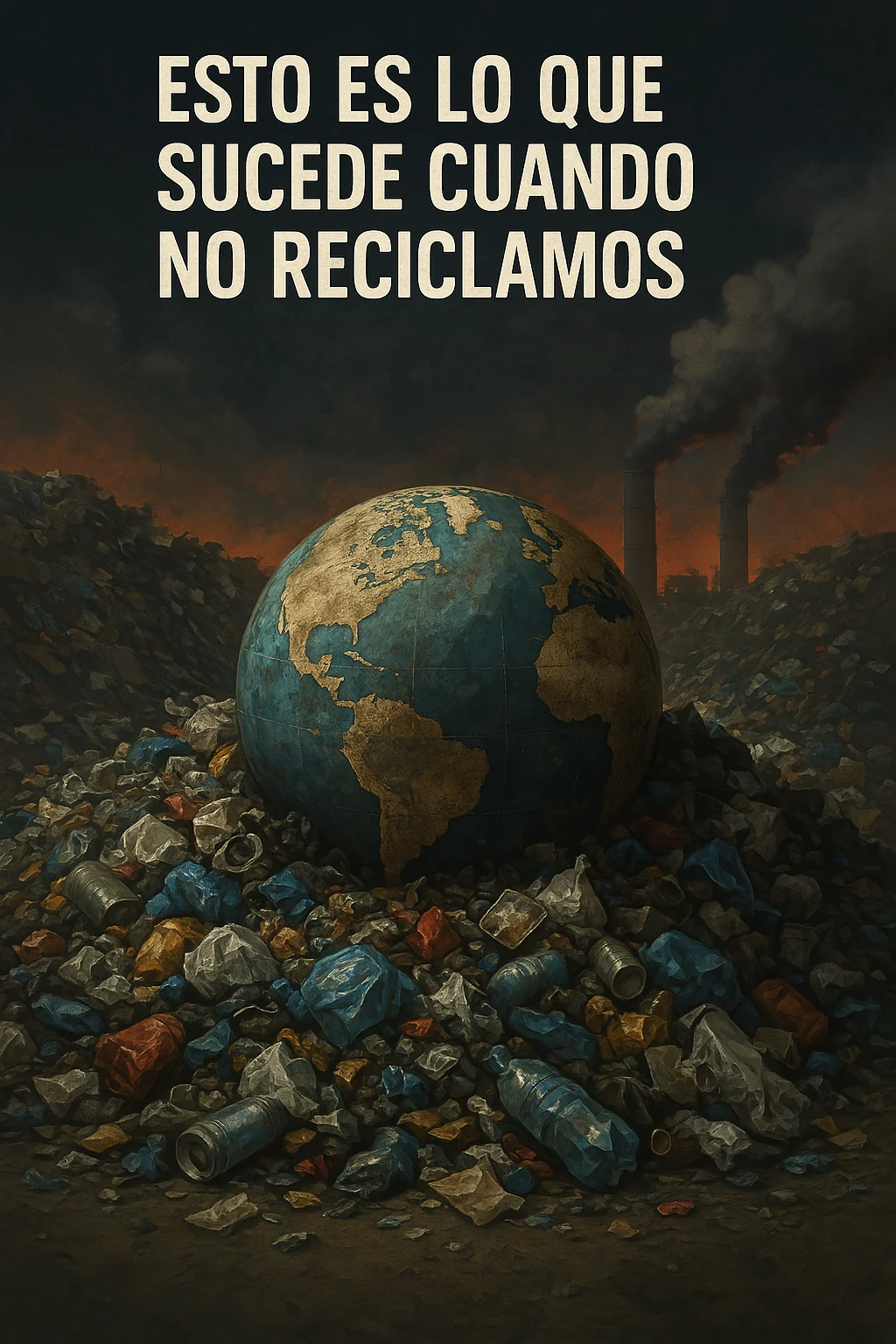 Generated recycling-awareness poster depicting a globe in rubbish under a smoky sky; the full slogan is translated below.