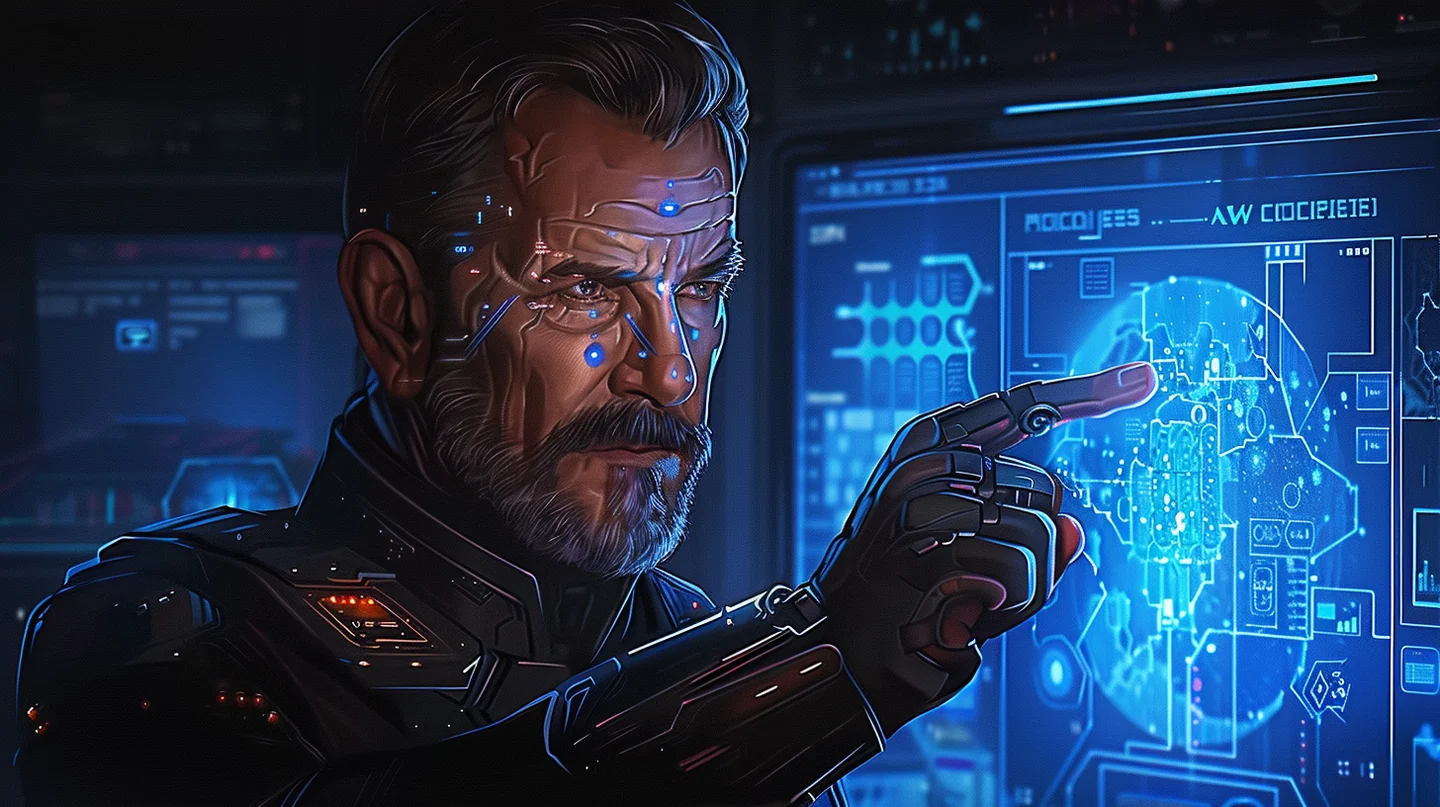 Illustration of a futuristic political figure consulting a luminous analytical display.