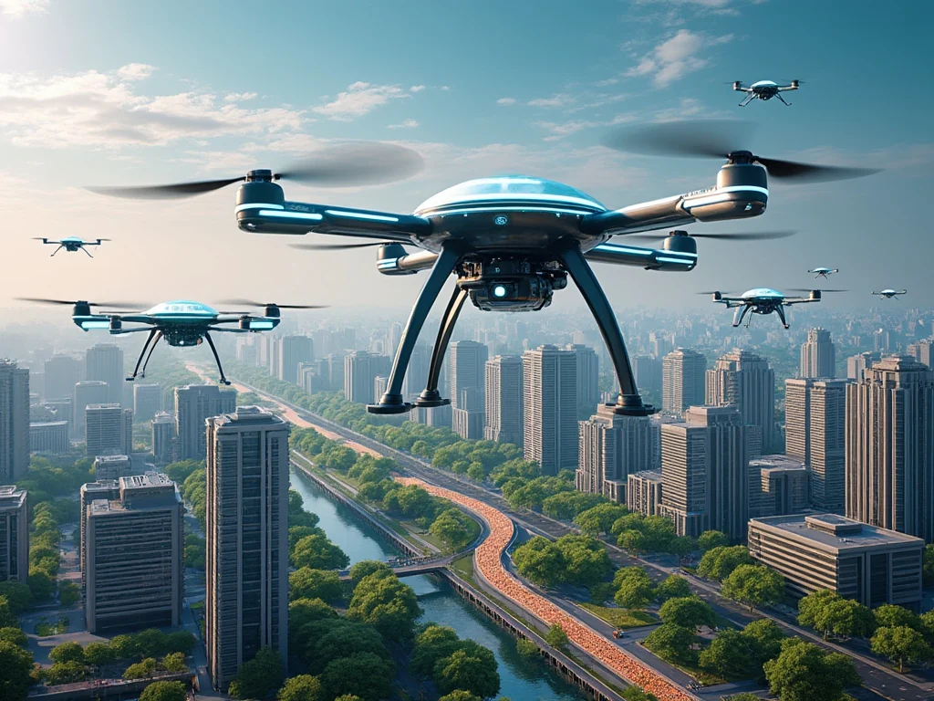 Flux illustration of multiple drones flying above a green city.