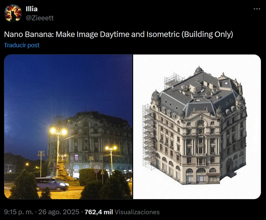 Illia's post transforming a night-time photograph of a building into an isolated daytime isometric view.
