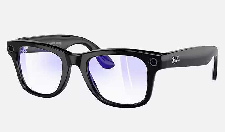 Black Ray-Ban smart glasses with cameras in the frames.