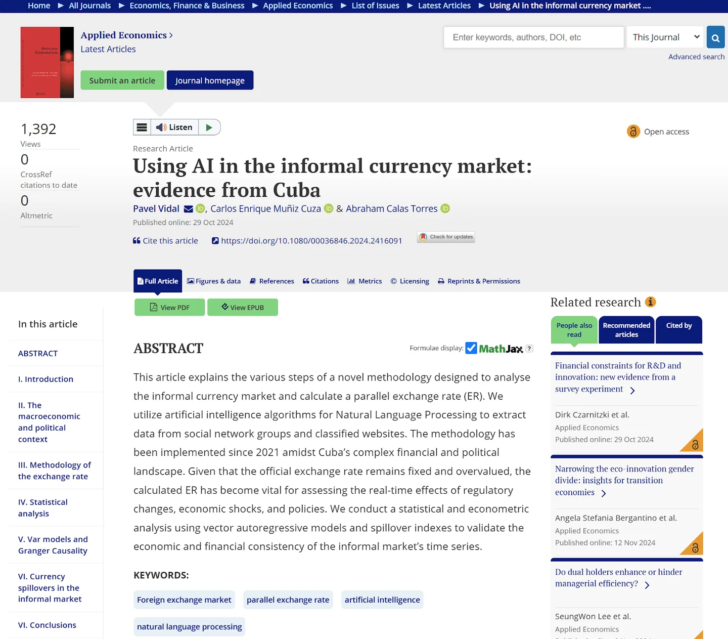 Applied Economics article about AI in Cuba's informal currency market.
