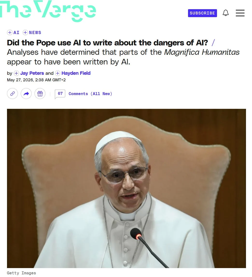The Verge headline about possible AI authorship of the encyclical, with date, authors and Getty Images credit.