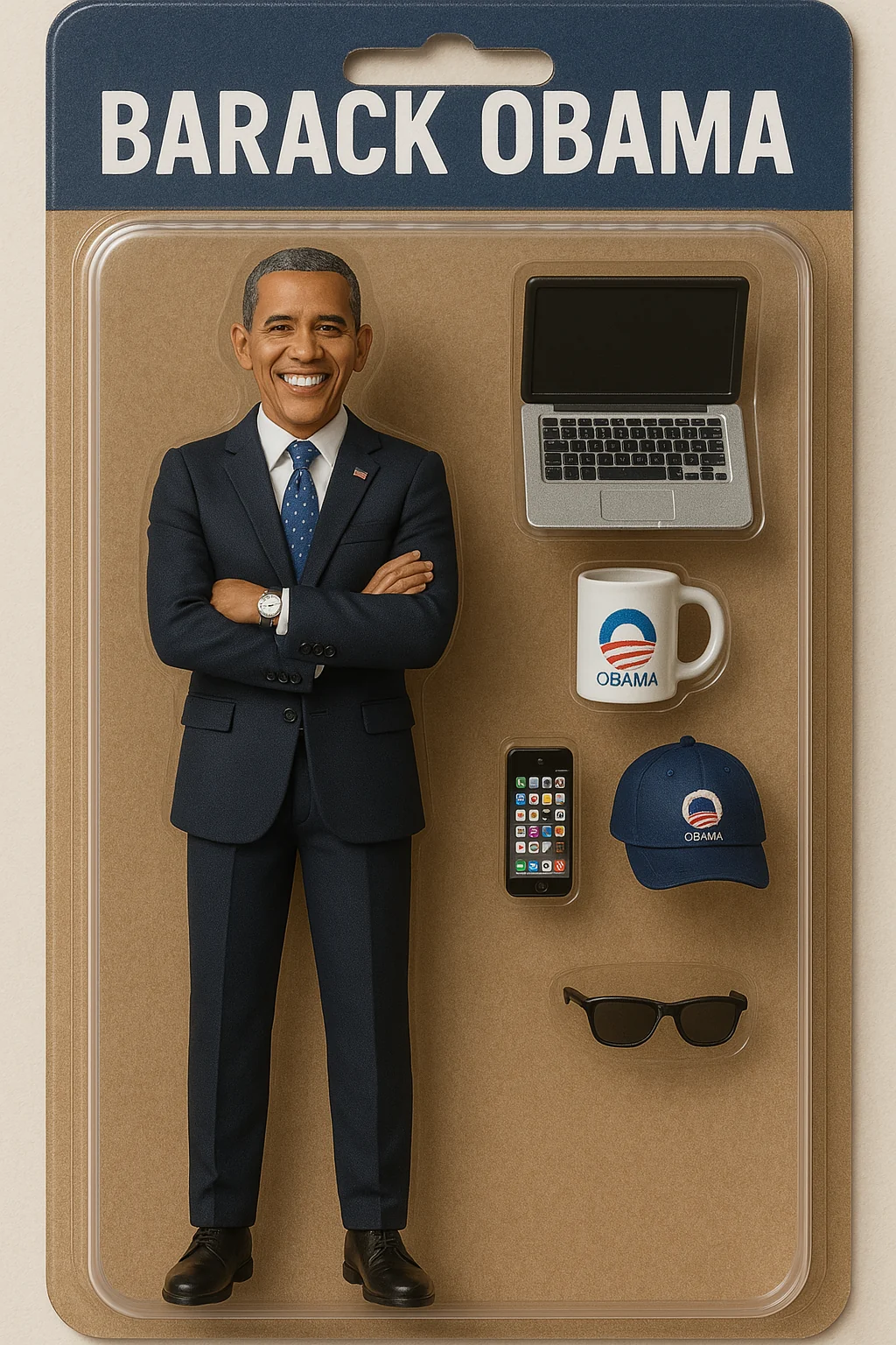 Synthetic boxed Barack Obama action figure with a laptop, mug, phone, cap and sunglasses.