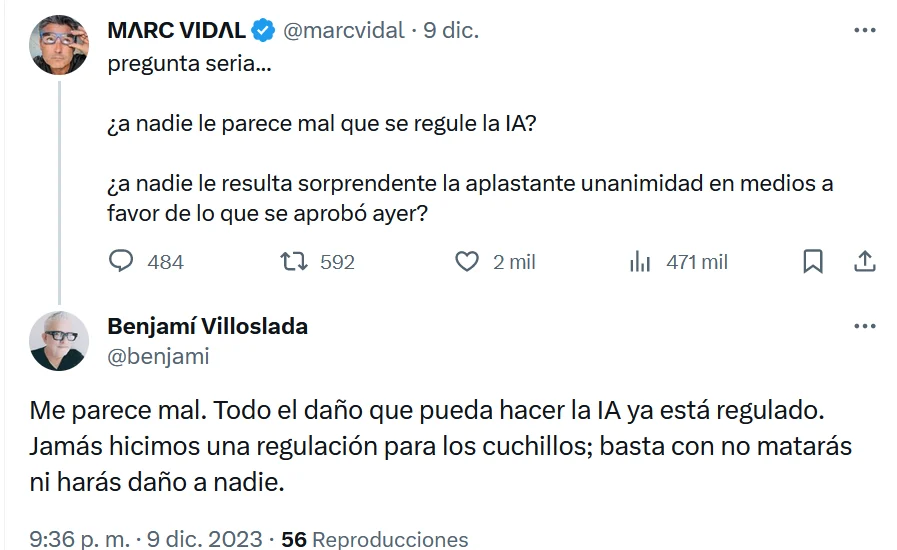 Marc Vidal questions AI regulation and Benjamí Villoslada replies with an analogy about knives.