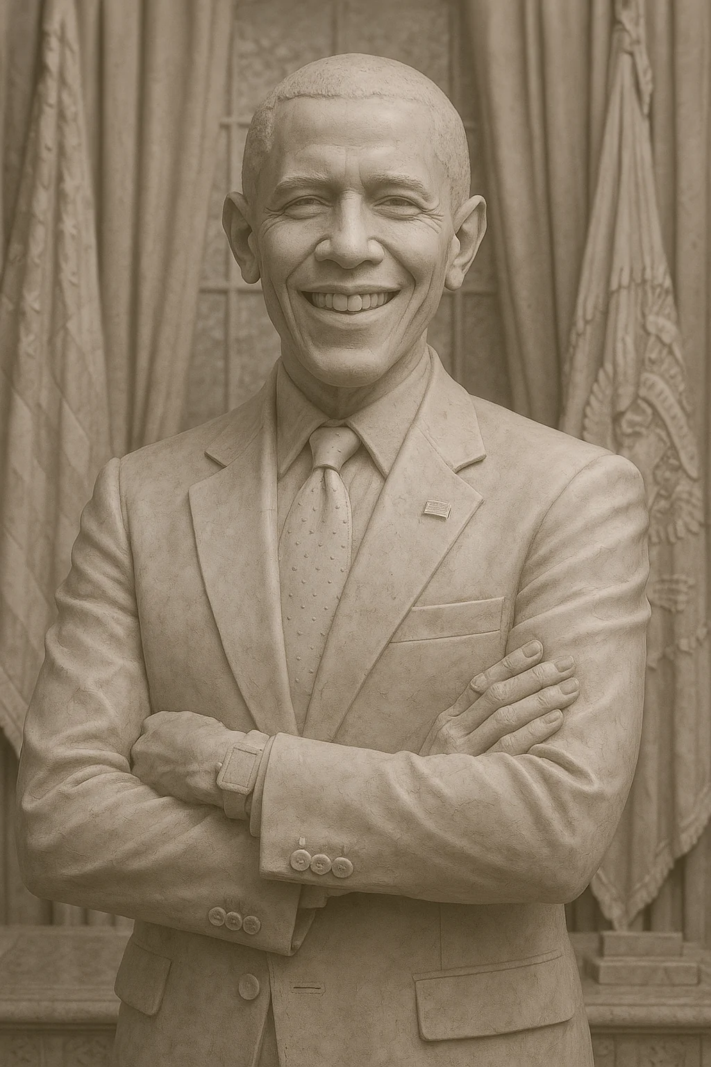Synthetic marble-sculpture treatment of the Obama portrait described in the article, produced with a short prompt.