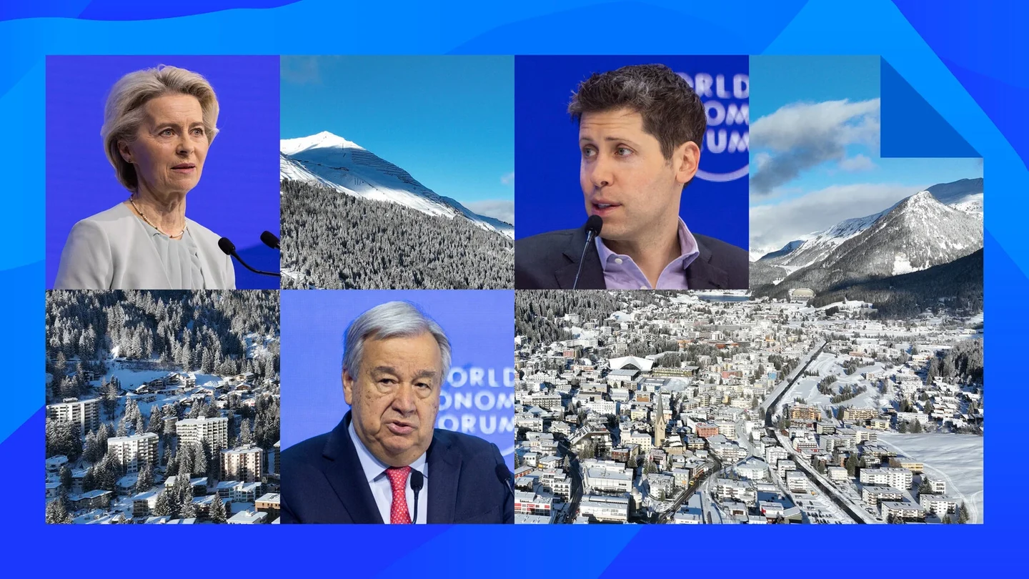 A collage of speakers at the World Economic Forum and snowy views of Davos.