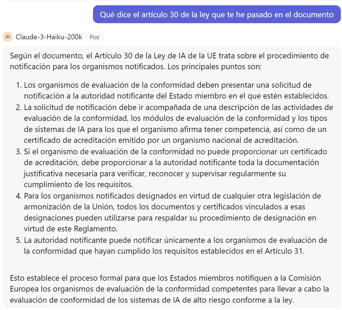 A Poe exchange with Claude-3-Haiku-200k answering a question about Article 30 of the supplied document.