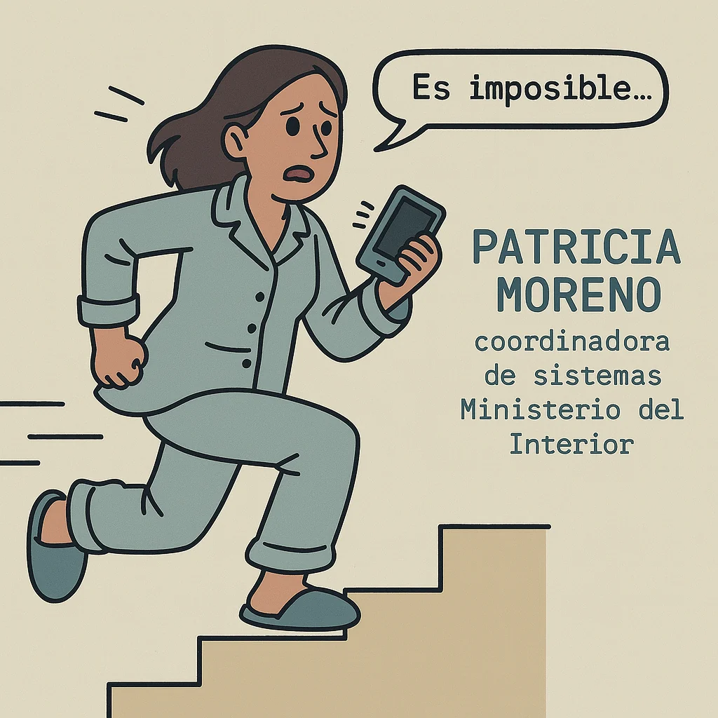 Patricia Moreno runs to the ministry in pyjamas, holding her phone.