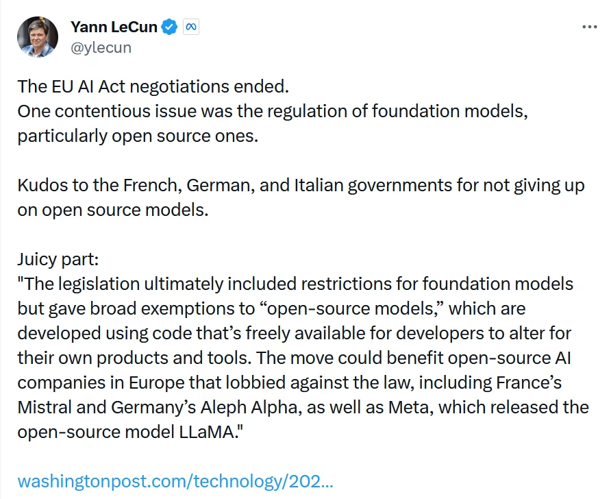 Yann LeCun welcomes concessions for open-source AI models and quotes a report about the agreement.