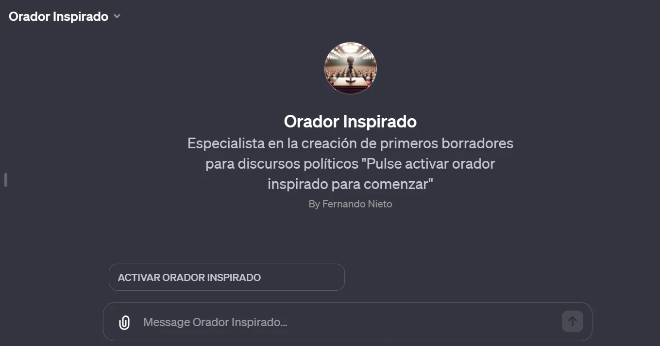 The Orador Inspirado GPT's start screen, describing a tool for first drafts of political speeches and showing its activation button.