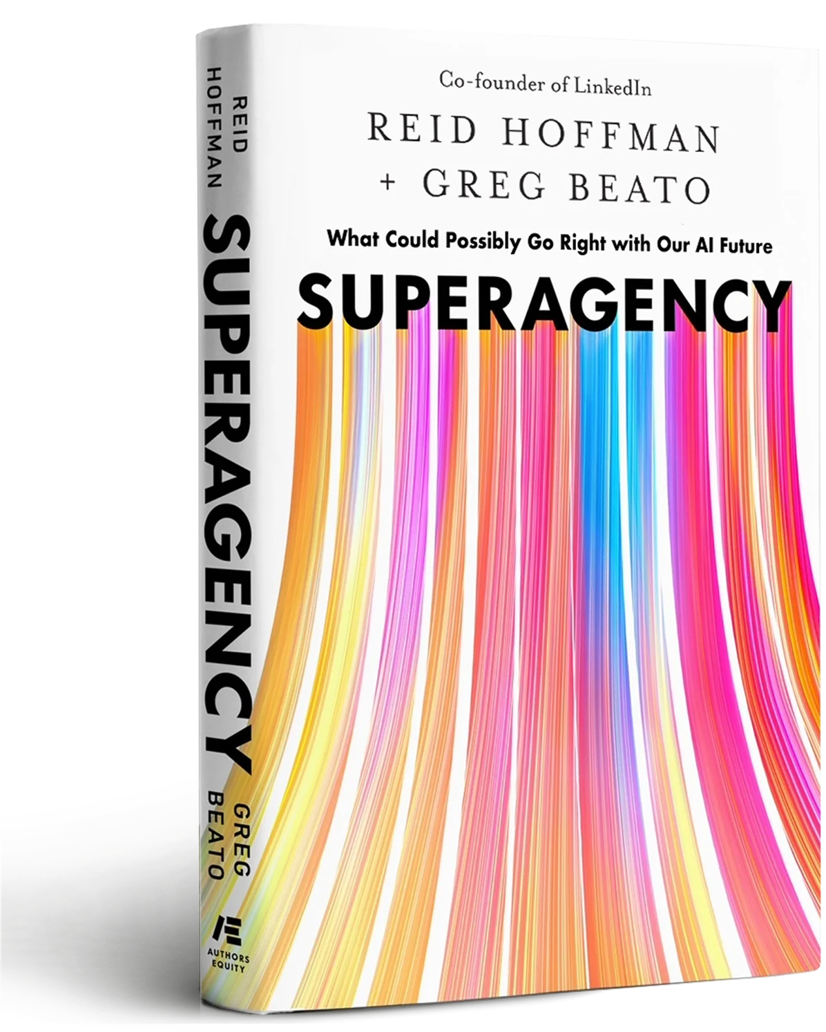 English cover of Superagency by Reid Hoffman and Greg Beato, with multicoloured lines rising into its title.
