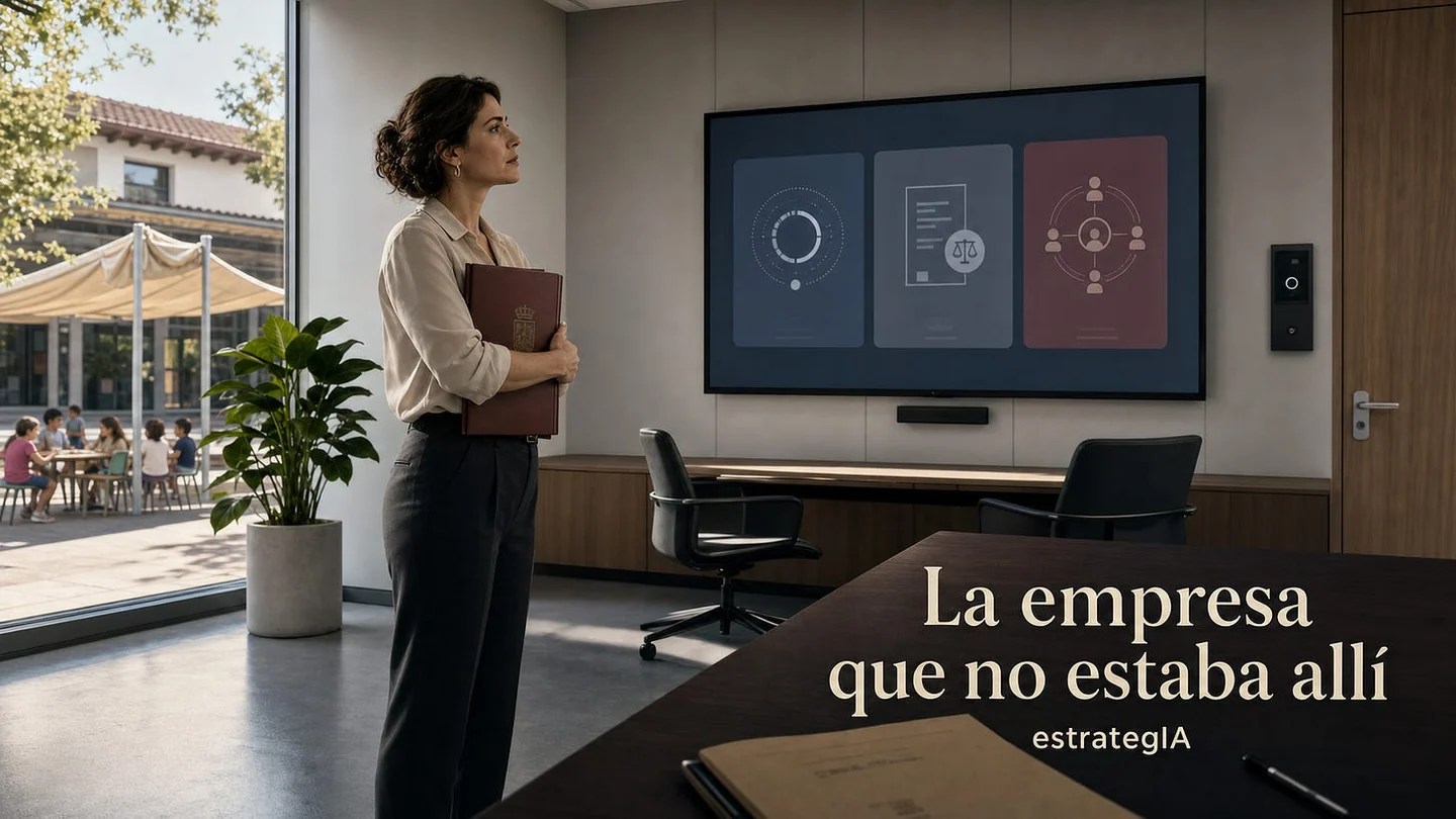 Illustration: a woman with a file faces an automated company screen in an empty office beside a school courtyard. Spanish title: The company that was not there.