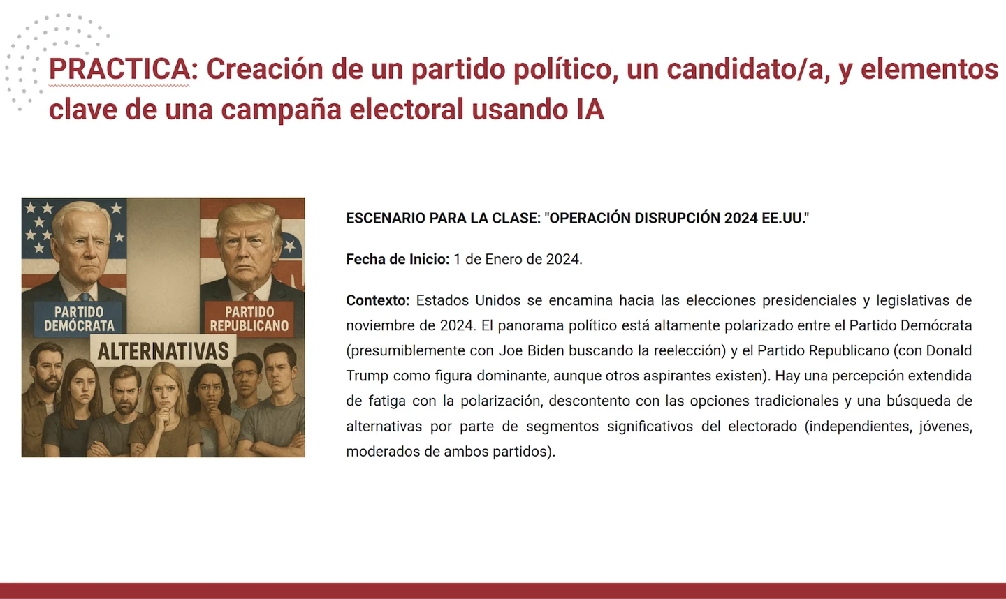 Classroom scenario, Operation Disruption 2024 USA, set at the beginning of the 2024 election year.
