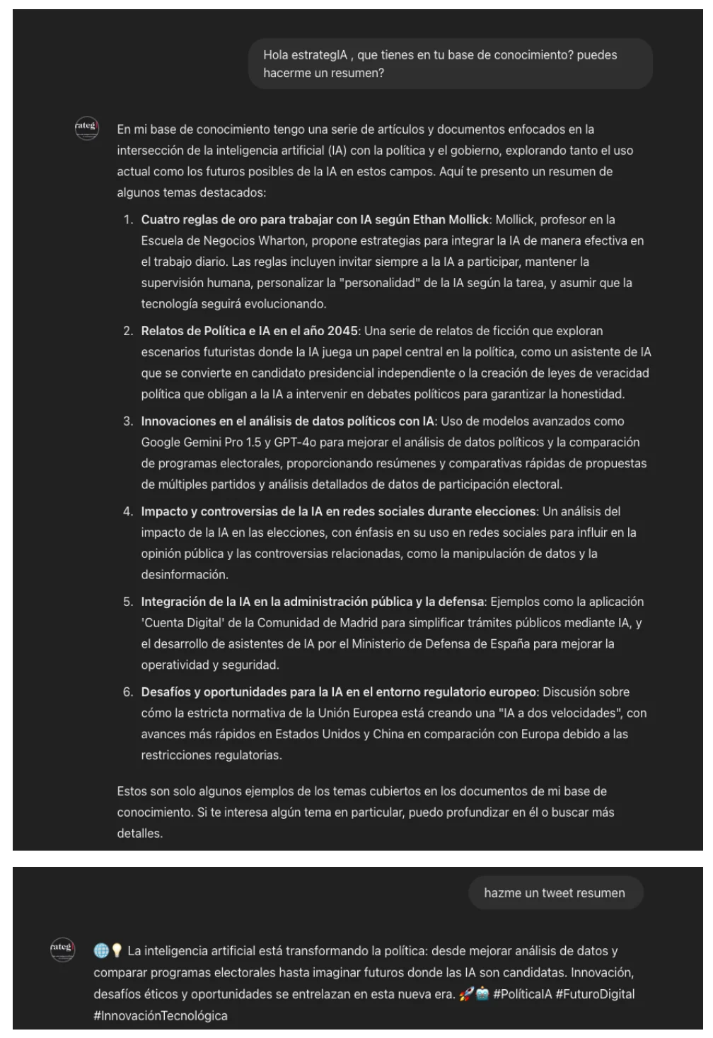 A custom GPT summarises six themes in the estrategIA archive and drafts a tweet; the full conversation is translated below.