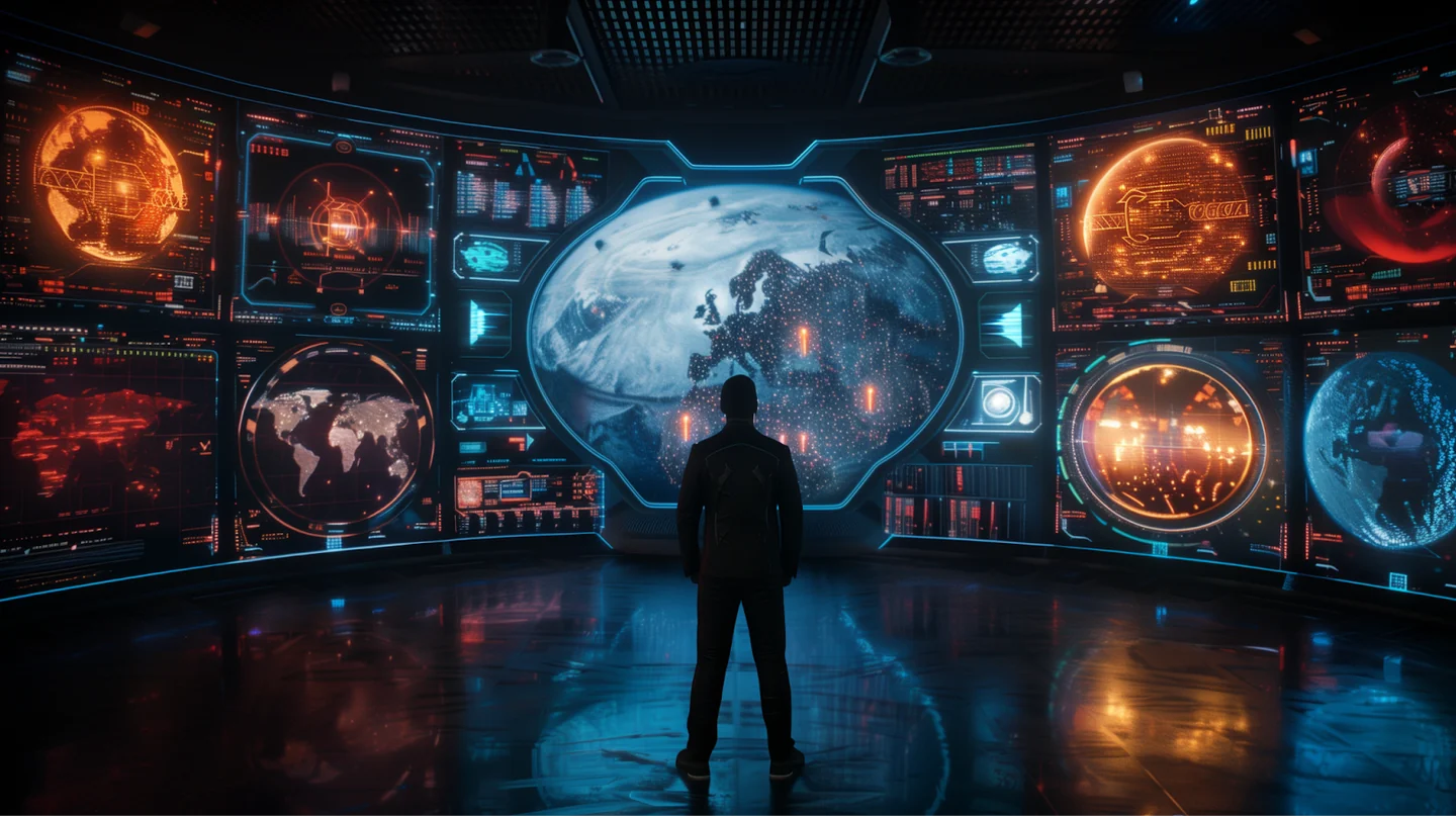 Illustration of a government control room with global maps and holographic data surrounding a lone figure.