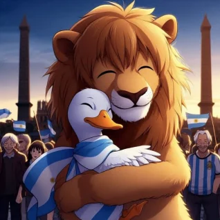 The AI-generated illustration discussed in the article: a smiling lion embraces a duck wearing Argentina's blue and white colours.