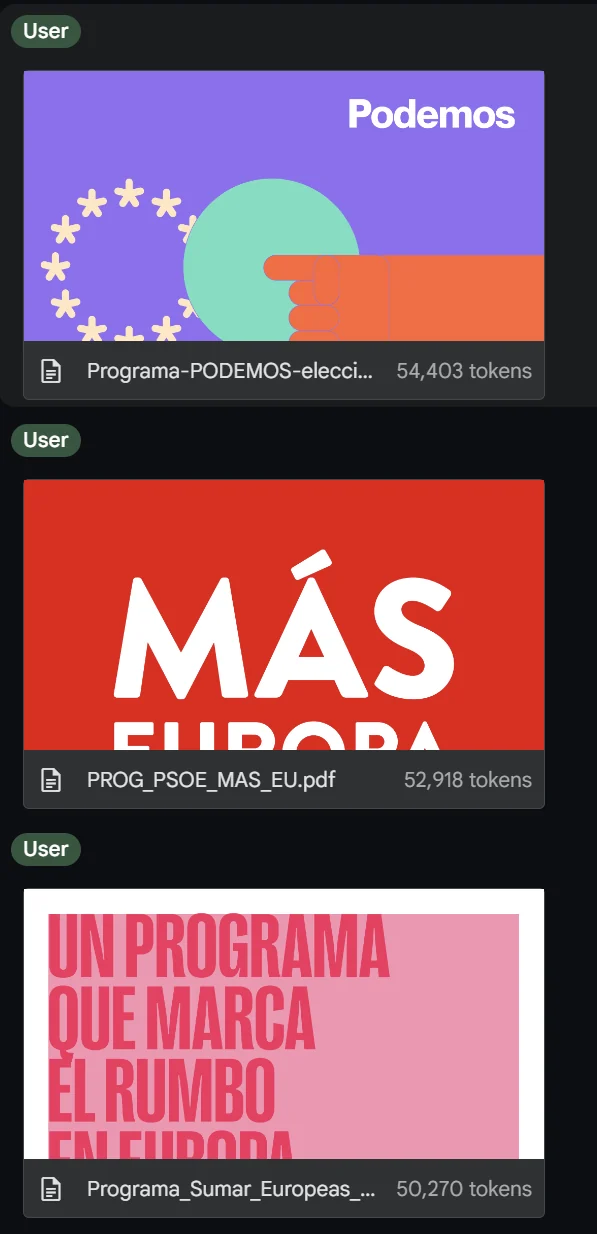 Three uploaded manifesto documents from Podemos, PSOE and Sumar, with token counts transcribed below.