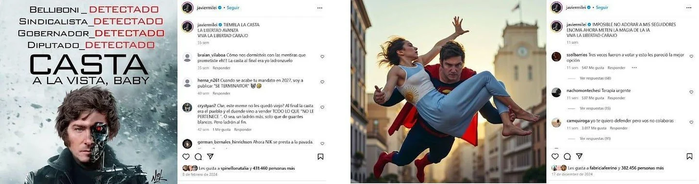 Two screenshots from Javier Milei's account featuring synthetic Terminator and superhero imagery; post captions, image slogans and visible comments are translated below.